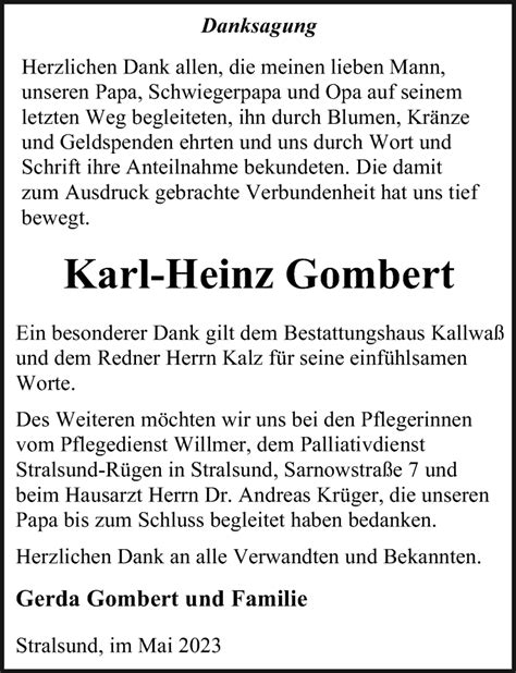 Traueranzeigen Von Karl Heinz Gombert Trauer Anzeigen De