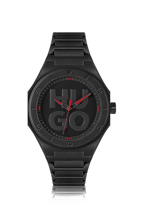 Hugo Black Watch With Silicone Strap And Stacked Logo Dial Black