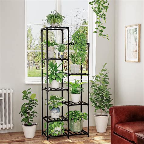 Bamworld Tall Plant Stand For Indooroutdoor Black Shelf For 9 Pots Ideal For Living Room