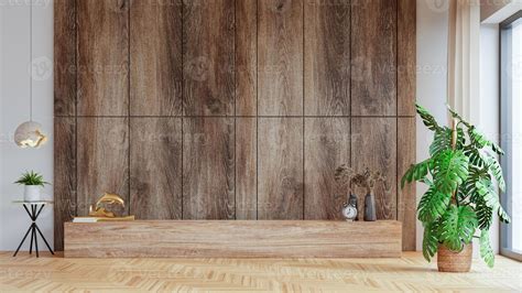 Wall Mockup In Modern Living Room With Decoration On Wooden Wall