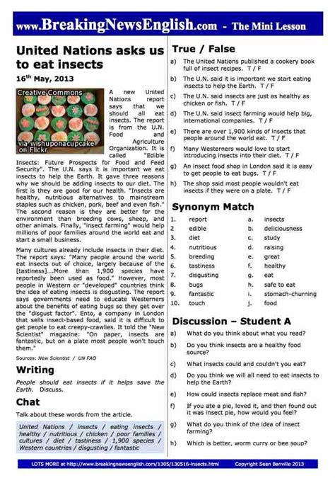 Breaking News English 2 Page Mini Lesson Eating Insects