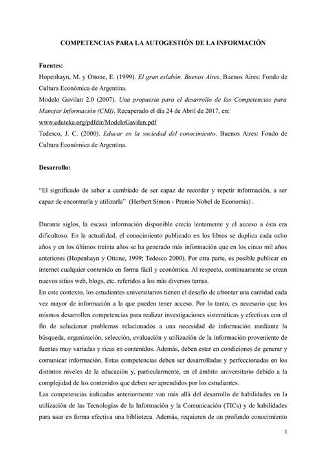 Competencias Para La Autogesti N De La Informaci N Pdf