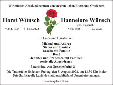 Traueranzeigen Von Horst W Nsch Hannelore W Nsch Harztrauer De