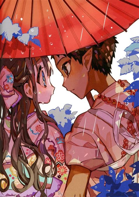 Two People Under An Umbrella In The Rain With Blue And Pink Flowers On