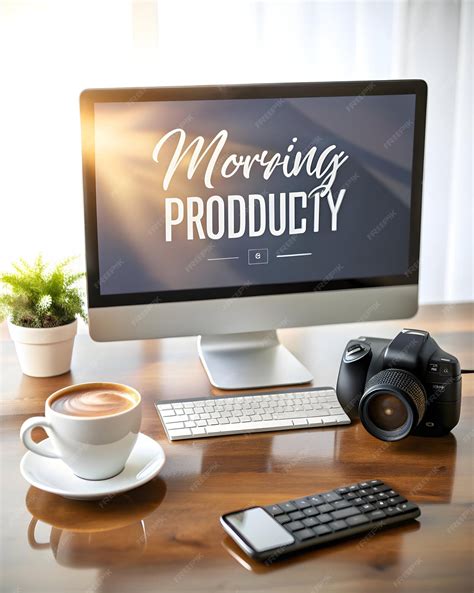 Premium Photo | Morning Productivity Concept Monitor and Coffee Mug on