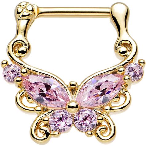 16 Gauge 5 16 Pink CZ Gold Anodized Ornate Butterfly Septum Clicker