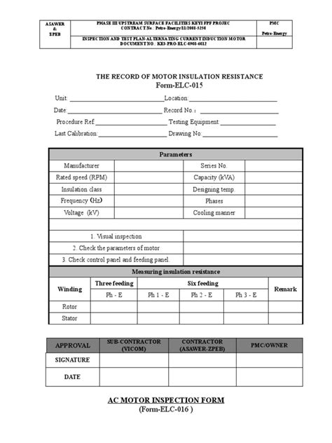 Form Elc 015 The Record Of Motor Insulation Resistance Pdf