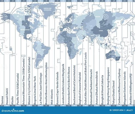 Les Fuseaux Horaires Du Monde Dirigent La Carte Avec Des Noms Et Des