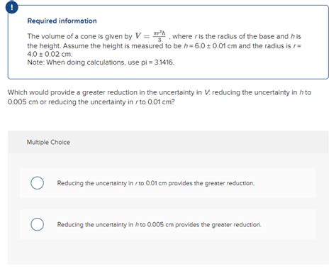 Solved Required Information The Volume Of A Cone Is Given By Chegg