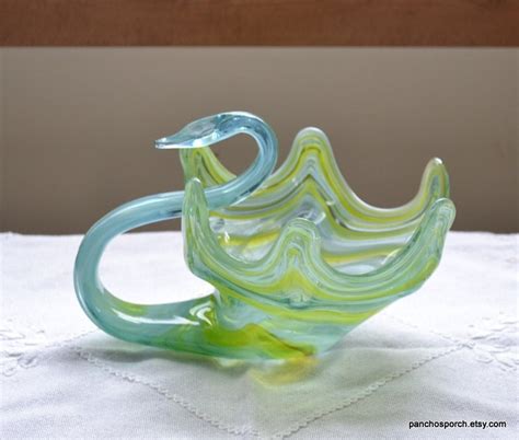 Vintage Glass Swan Bowl Blue Green Art Glass Centerpiece Planter Mid Century Blown Glass Bird