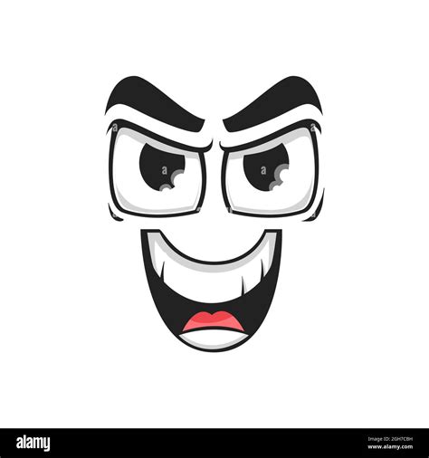 Cartoon face vector gloat laugh emoji with angry eyes and laughing toothy mouth. Malefactor ...