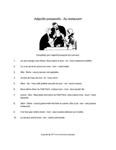 Gcse French French Possessive Adjectives Worksheet Au Restaurant Teaching Resources