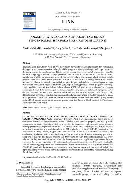 Pdf Analisis Tata Laksana Klinik Sanitasi Untuk Pengendalian Ispa