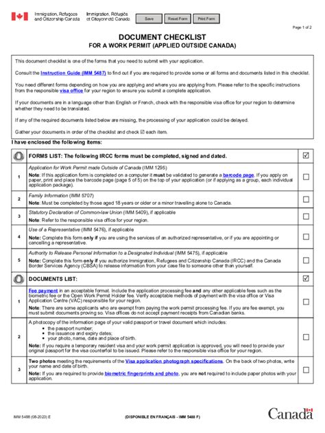 IMM 5488 E DOCUMENT CHECKLIST FOR A WORK PERMIT APPLIED OUTSIDE