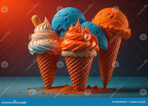 Ice Cream In Waffle Cone On Blue Background Top View Flat Lay Ai