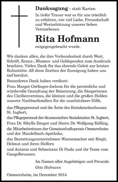 Traueranzeigen Von Rita Hofmann Saarbruecker Zeitung Trauer De