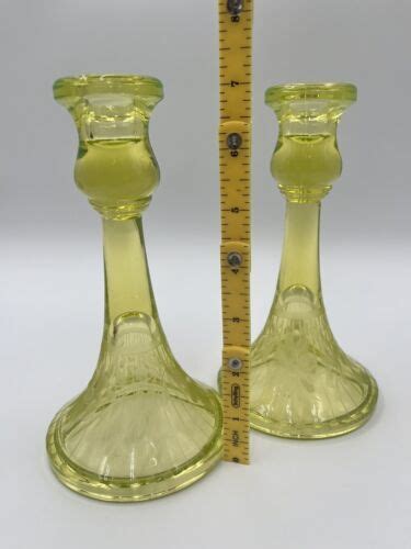 Vtg Pair Of Etched Floral Vaseline Uranium Glass Candlestick Holders Glows 4682378889