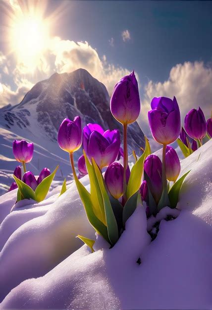 Premium Ai Image Purple Tulips In Snow Mountain Sunbeam