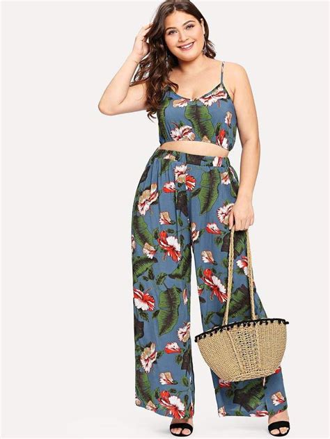 Shein Plus Tropical Print Crop Cami And Wide Leg Pants Set Wide Leg