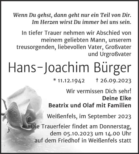 Traueranzeigen Von Hans Joachim B Rger Abschied Nehmen De