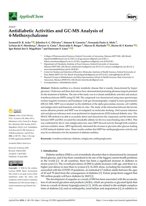 PDF Antidiabetic Activities And GC MS Analysis Of 4 Methoxychalcone