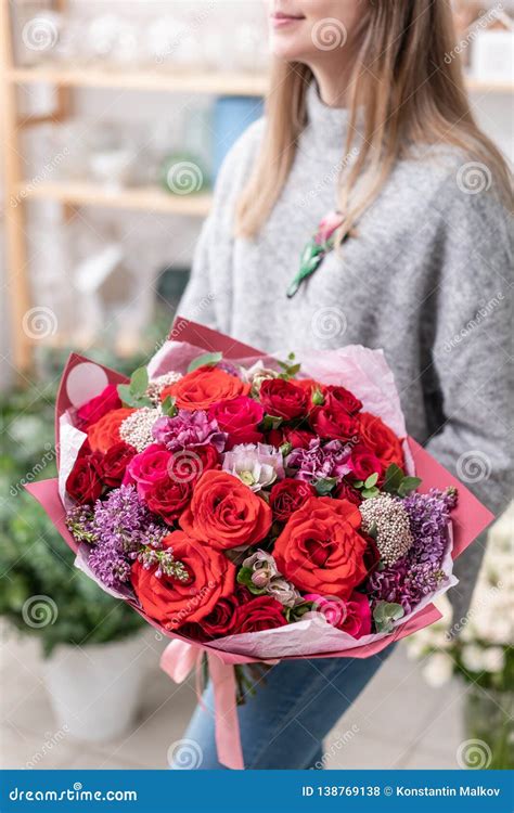 Beautiful Fresh Cut Bouquet Of Mixed Flowers In Woman Hand The Work Of