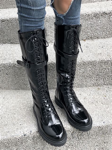 Women's Combat Boots Patent Leather Lace Up Knee-High Boots Flat ...