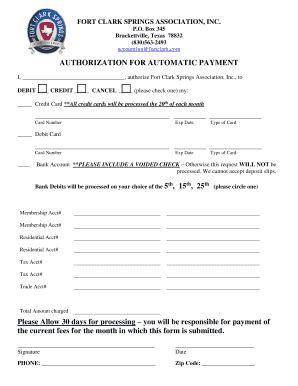 Fillable Online AUTHORIZATION FOR AUTOMATIC PAYMENT Fort Clark