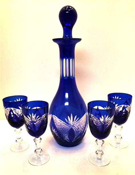 Bohemian Czech Ajka Wine Decanter 4 Matching Glasses Cobalt Blue Cut Crystal Decanters Wine