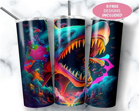 Neon Shark Oz Skinny Tumbler Sublimation Design Digital Etsy