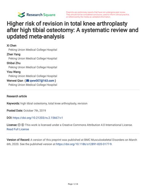 Pdf Higher Risk Of Revision In Total Knee Arthroplasty After High