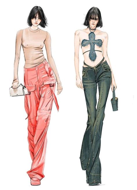 Two Women Walking Down The Runway In Pants And Tops With Ties On Their Waists