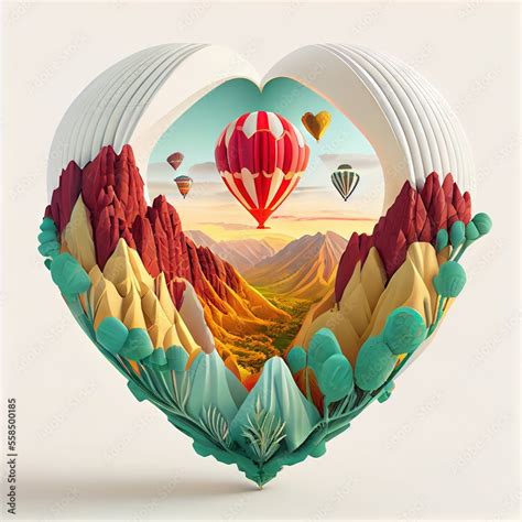 Big Hot Air Balloon Over Beautiful Fantasy Landscape AI Generated Art Illustration Stock