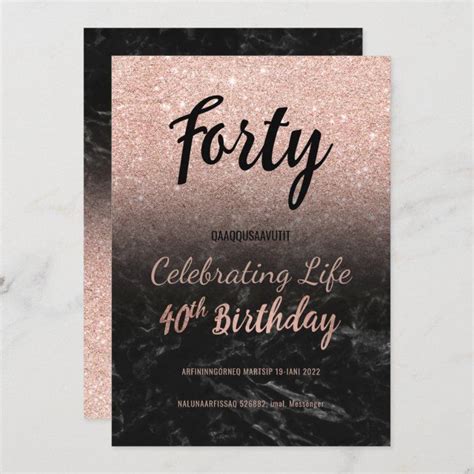 Faux Rose Gold Glitter Black Marble 40th Birthday Invitation 40th Birthday Party