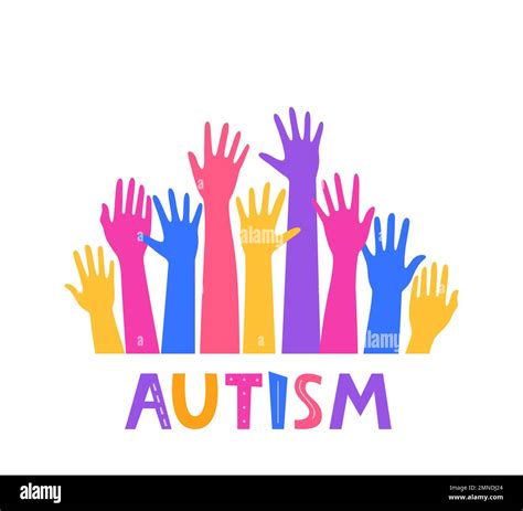 Multicolored hands, emblem or symbol of autism disorder. Raised hand ...