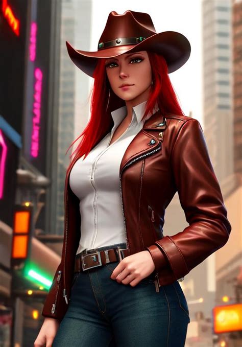 Cyberpunk Cowgirl Cowboy Hat Modest Red Hair Gr Openart