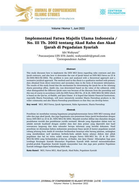 Pdf Implementasi Fatwa Majelis Ulama Indonesia No Iii Th