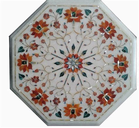 X Marble Corner Table Top Floral Inlay Semi Precious Stone Work