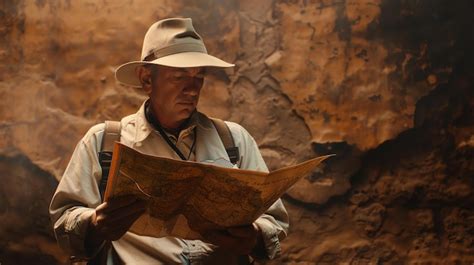 Un explorador masculino con sombrero y mochila está mirando un mapa en