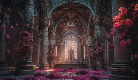 Gothic Cathedral with Pink Roses and Purple Lightning. Dark Fantasy ...