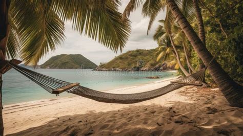 A Hammock Hanging Between Two Palm Trees On A Tropical Generative Ai