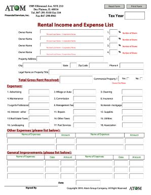 Fillable Online Rental Income And Expense List Atom Financial