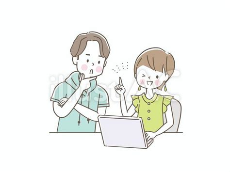 女性のパソコンの画面を見て驚く男性イラスト No 22891530／無料イラストフリー素材なら「イラストac」