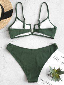 Zaful Textured Ribbed V Wired Bikini Swimsuit In Medium Sea Green Zaful