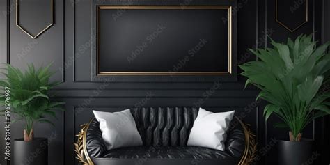 Stylish Black And Gold Living Room Design With Black Couch, Potted ...