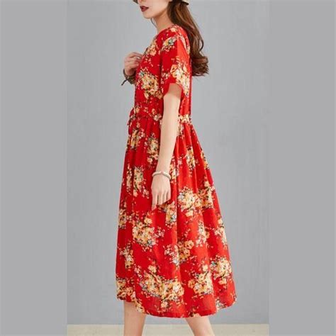 Simple Red Print Linen Cotton Dresses V Neck Drawstring Summer Dresses