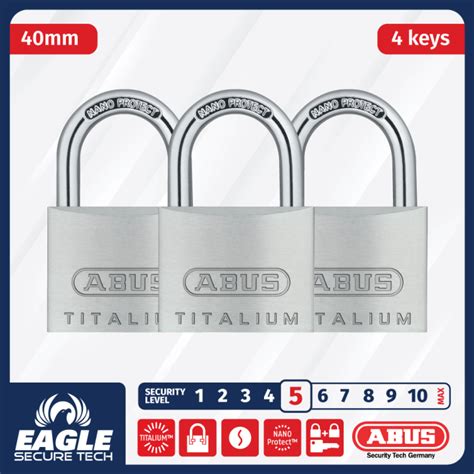 ABUS 64TI 40 40MM TITALIUM 3 Padlocks 4 Keys Outdoor Padlock