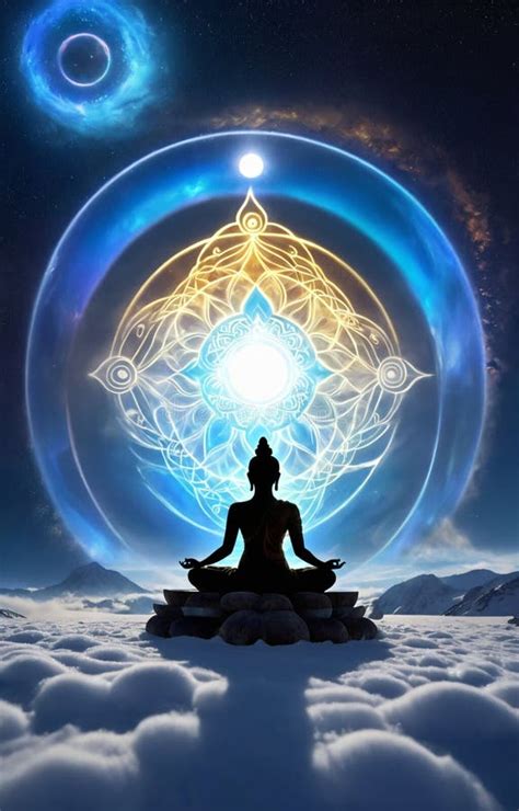 Glowing Buddha Silhouette In Yoga Lotus Pose Practicing Meditation In