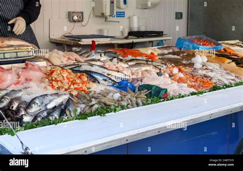 Fishmonger S Van Stall With A Display Of Fresh Fish In Staines Upon