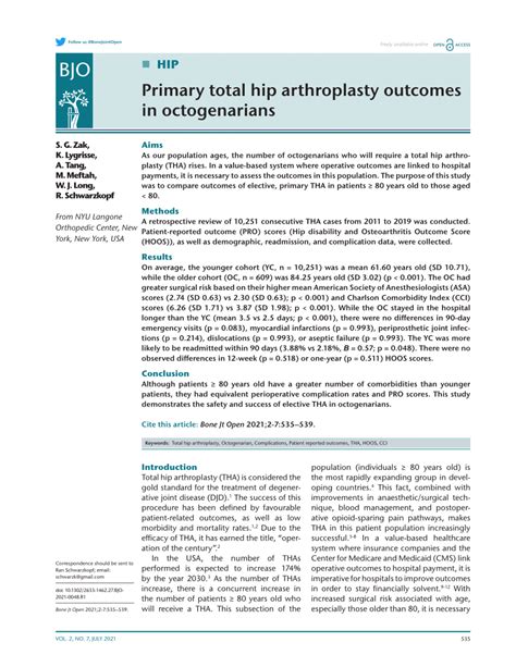 Pdf Primary Total Hip Arthroplasty Outcomes In Octogenarians